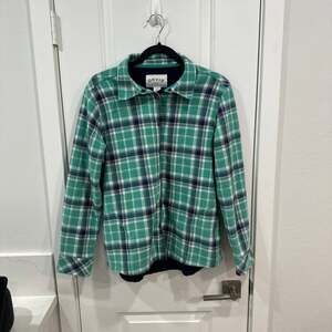 Orvis Women's Green Plaid Fleece Lined Snap Front Flannel Shirt Jacket Shacket